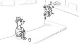 Cartoon eines bettelnden Mannes, der an einer Hauswand sitzt. Um die Hausecke herum schauen Aliens.