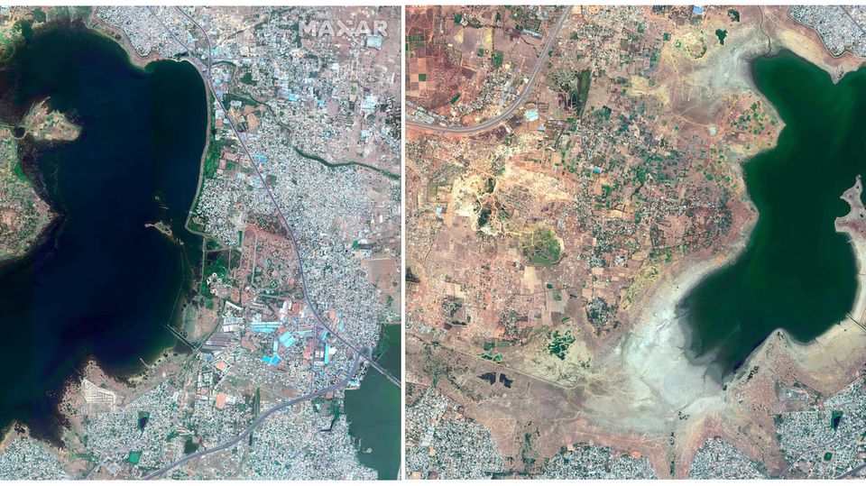 Diese Satellitenbilder von aus den Jahren 2015 (l.) und 2019 zeigen den Puzhal-Stausee in Chennai vor und während der anhaltenden Dürre in der Region. Diese Satellitenbilder von aus den Jahren 2015 (l.) und 2019 zeigen den Puzhal-Stausee in Chennai vor und während der anhaltenden Dürre in der Region.