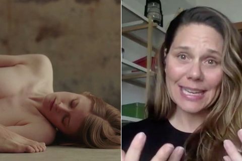 Zwei Bilder nebeneinander. Links ist eine nackte Frau auf dem Boden liegend zu sehen. Das rechte zeigt eine Frau beim Reden.