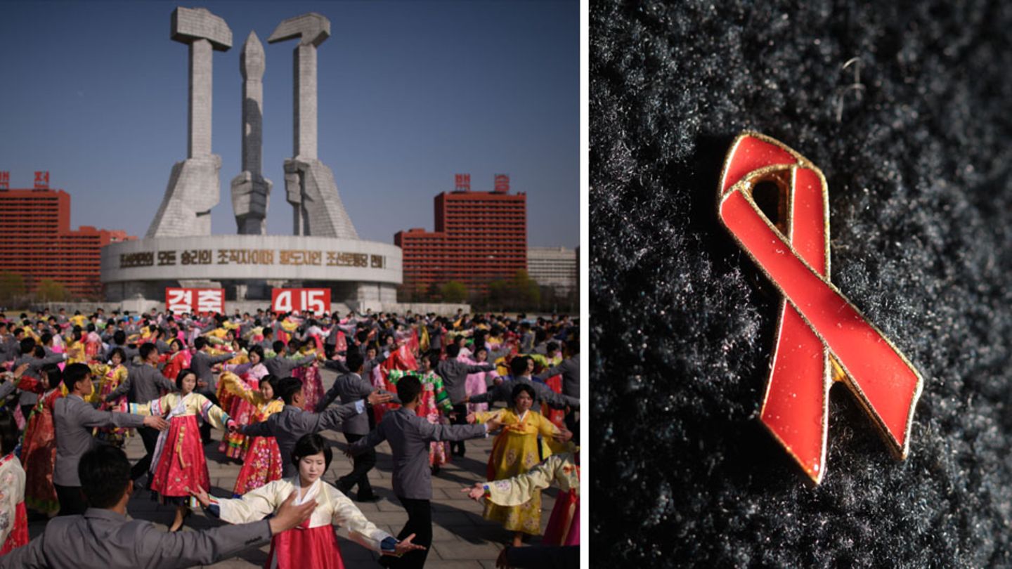 Links: Nordkoreaner feiern den Geburtstag von Staatsgründer Kim Il Sung. Rechts: Die Aids-Schleife