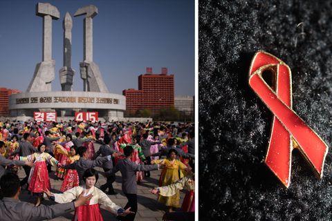 Links: Nordkoreaner feiern den Geburtstag von Staatsgründer Kim Il Sung. Rechts: Die Aids-Schleife