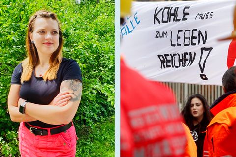 Frau mit Plakat