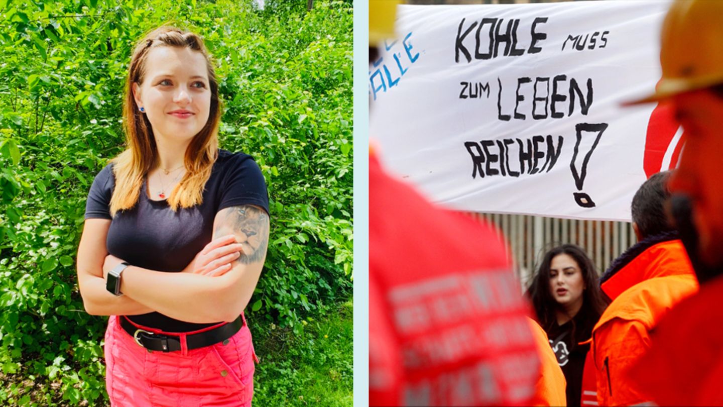 Frau mit Plakat