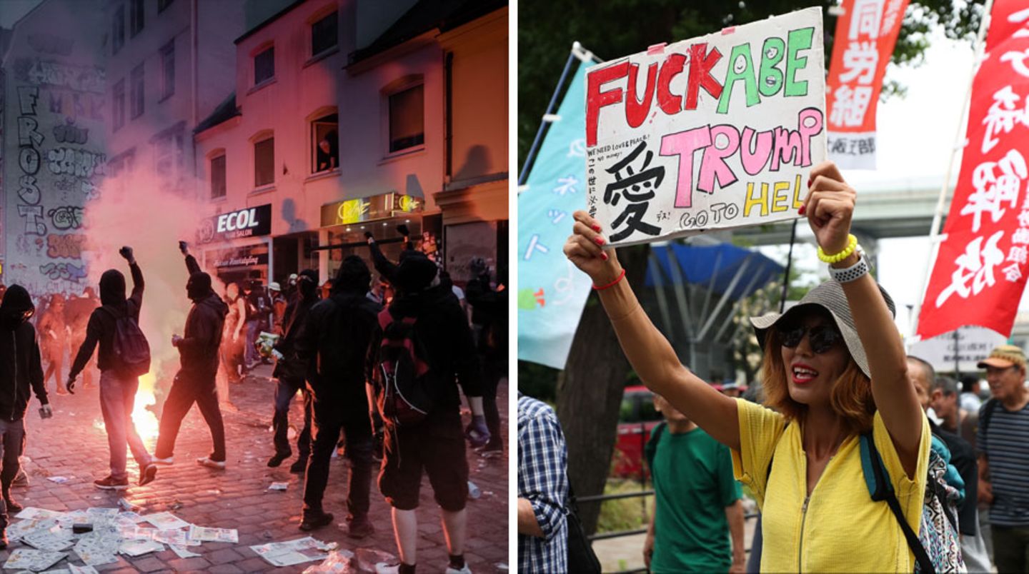 Links: Die Ausschreitungen bei den G20-Protesten 2017 in Hamburg. Rechts: Proteste in Osaka beim Gipfel 2019