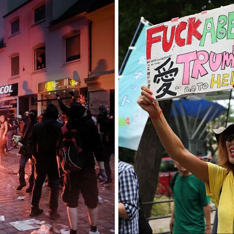 Links: Die Ausschreitungen bei den G20-Protesten 2017 in Hamburg. Rechts: Proteste in Osaka beim Gipfel 2019