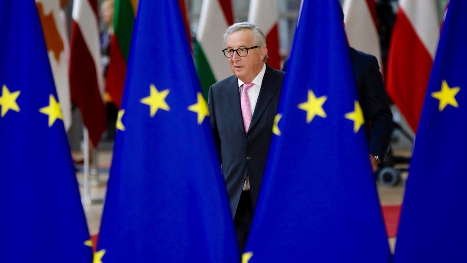 Ein Mann mit grauem Seitenscheitel und Brille läuft im Anzug zwischen Europa-Flaggen hindurch