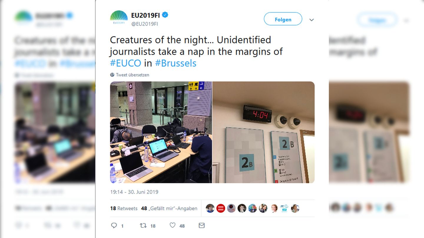 Ein Tweet des finnischen Ratsvorsitzes zeigt schlafende Journalisten in Brüssel
