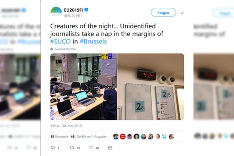 Ein Tweet des finnischen Ratsvorsitzes zeigt schlafende Journalisten in Brüssel