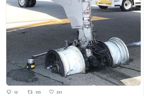 Die Felgen eines Flugzeug-Fahrwerks stecken im Beton einer Landebahn.
