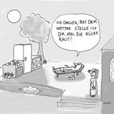 Ein Cartoon zeigt einen Mann auf einer Gartenliege, der für seine Frau die Küche in den garten gestellt hat.