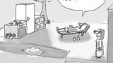 Ein Cartoon zeigt einen Mann auf einer Gartenliege, der für seine Frau die Küche in den garten gestellt hat.