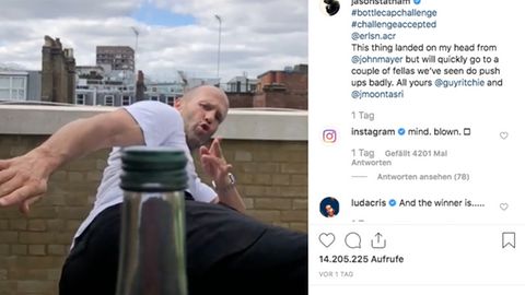 Schauspieler Jason Statham macht die #Bottlecapchallenge