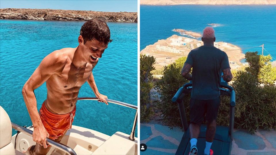 Benjamin Pavard und Jérôme Boateng Links klettert ein junger Mann mit Sixpack und Badehose aus dem Meer auf ein Boot, rechts läuft ein Mann auf einem Laufband