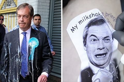 Linke steht ein Mann im Anzug, auf dem Milchshake-Flecken sind, rechte zieht eine Hand eine Tattoo-Vorlage vom Bein eines Mannes