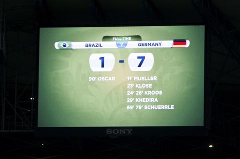 Anzeigetafel mit dem Endstand des WM-Spiels Deutschland - Brasilien