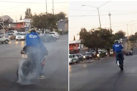 Ein Motorradfahrer will kräftig angeben und blamiert sich heftig.