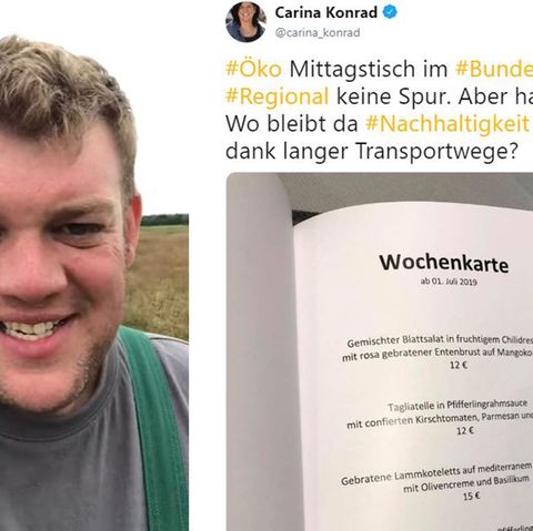 Landwirt Thomas Andresen (links) moniert auf Facebook über die Speisekarte der Bundestags-Kantine (rechts), die FDP-Bundestagsabgeordnete auf Twitter postete