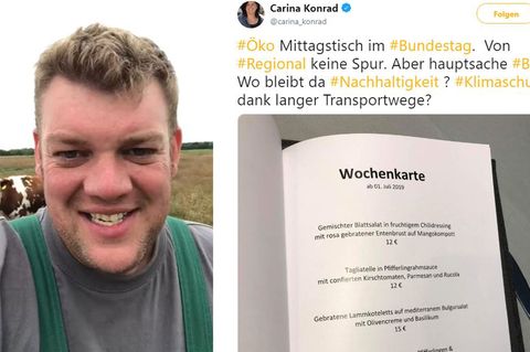 Landwirt Thomas Andresen (links) moniert auf Facebook über die Speisekarte der Bundestags-Kantine (rechts), die FDP-Bundestagsabgeordnete auf Twitter postete