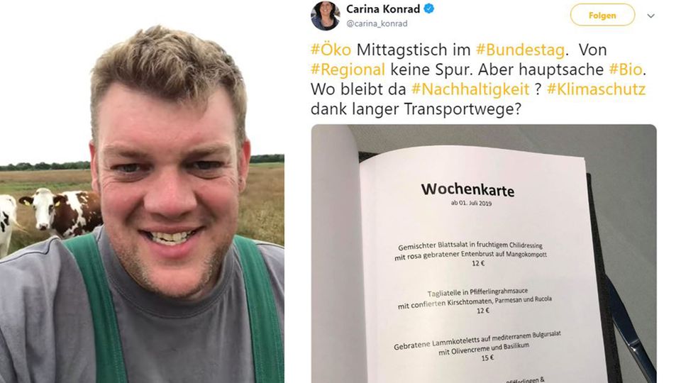 Landwirt Thomas Andresen (links) moniert auf Facebook über die Speisekarte der Bundestags-Kantine (rechts), die FDP-Bundestagsabgeordnete auf Twitter postete