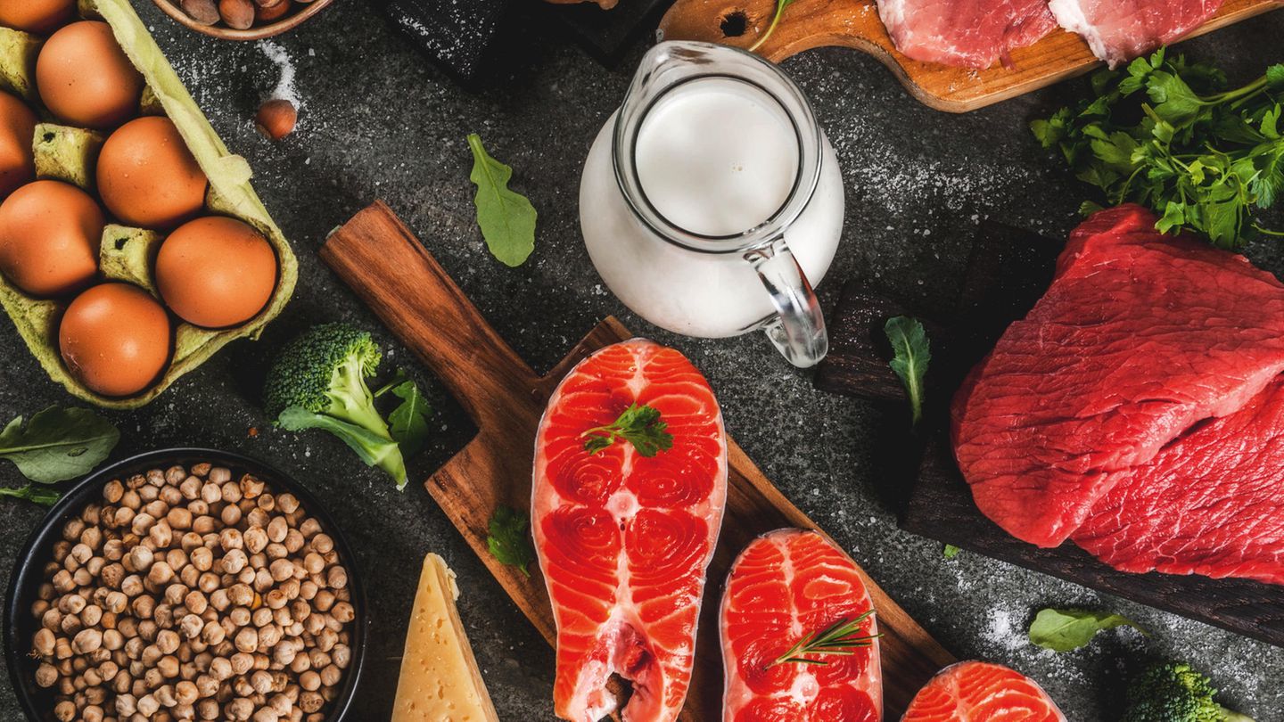 Eiweiß: Proteinreiche Lebensmittel liegen auf einem Tisch