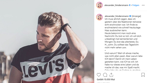 Auf seinem Instagram-Account wehrt sich Alex Hindersmann gegen die Anfeindungen. 