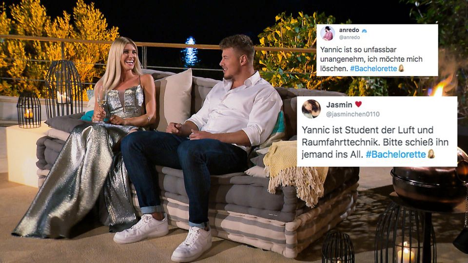 Die "Bachelorette" Gerda Lewis sitzt mit Kandidaten Yannic auf der Couch.