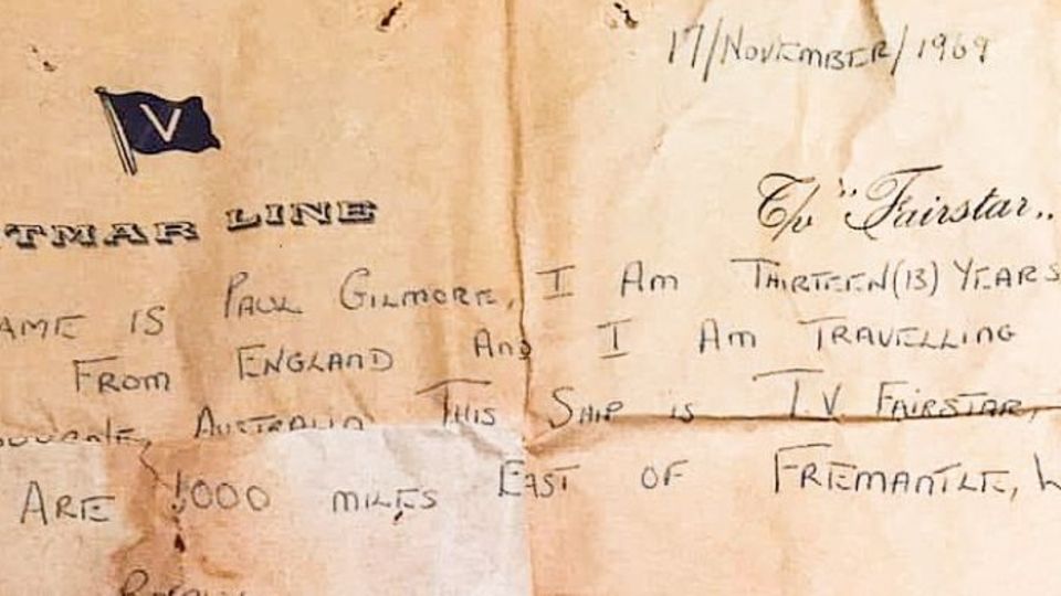Neunjähriger Australier findet 50 Jahre alte Flaschenpost am Strand Abdruck des Briefes, der als Flaschenpost in Australien angespült wurde