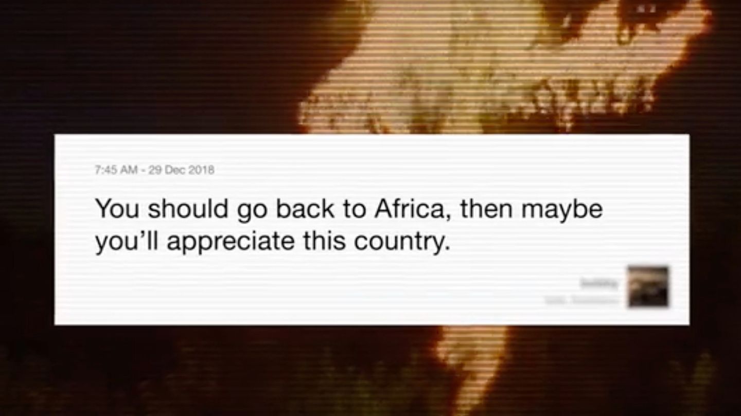 Diese und ähnliche Beschimpfungen sind Gang und Gäbe in den sozialen Netzwerken. Zu deutsch: "Du solltest nach Afrika zurückgehen, dann wirst du dieses Land vielleicht schätzen."