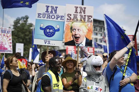 Teilnehmer der Demonstration gegen Boris Johnson am Samstag in London