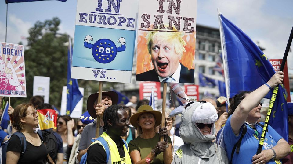 Teilnehmer der Demonstration gegen Boris Johnson am Samstag in London