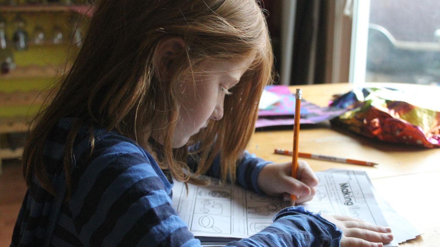Eine Schülerin macht zuhause ihre Schulaufgaben