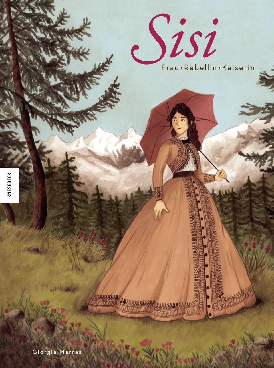 Cover "Sisi" Eine Illustration vin Sisi im Garten mit Sonnenschirm