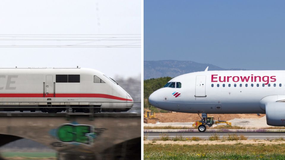 Ein ICE der Deutschen Bahn, ein Flugzeug von Eurowings – Ministerien setzen weiter auf Inlandsflüge