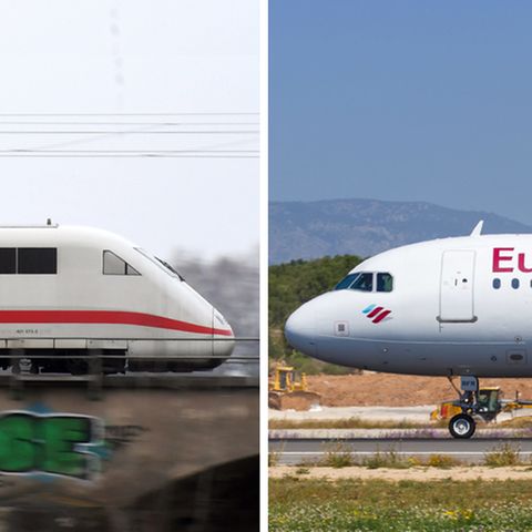 Ein ICE der Deutschen Bahn, ein Flugzeug von Eurowings – Ministerien setzen weiter auf Inlandsflüge