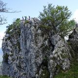 Kletterer haben es gerade auf einen der Kalkgipfel geschafft. Hier ist das südlichste Klettergebiet der Schweiz. Es gibt Routen zwischen dem 3. und 8. Schwierigkeitsgrad.