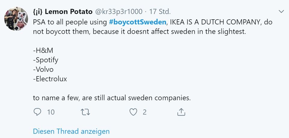 Auf Twitter behauptet ein Trump-Fan IKEA sei ein niederländisches Unternehmen