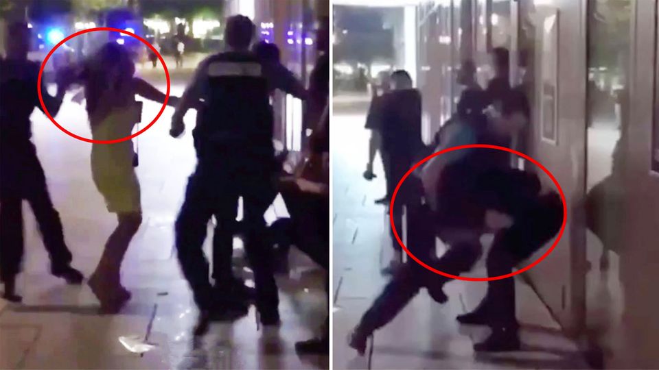 Polizeigewalt in Frankfurter Innenstadt Eine Frau wird an den Haaren zu Boden gerissen, einem Mann mit den Knien in die Magengrube getreten.
