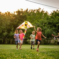 Sechs Kinder lassen einen Drachen steigen