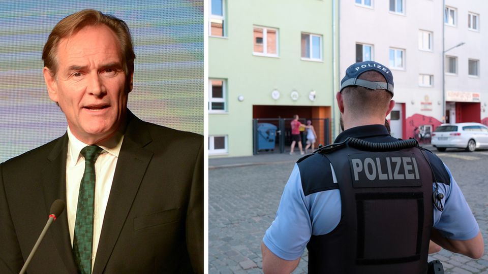 Leipzigs Oberbürgermeister Burkhard Jung, ein Polizist vor der Kindertagesstätte, die auf Schweinefleisch verzichten wollte