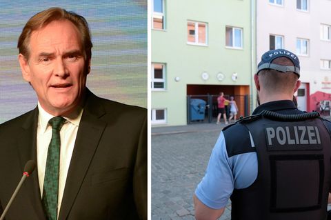 Leipzigs Oberbürgermeister Burkhard Jung, ein Polizist vor der Kindertagesstätte, die auf Schweinefleisch verzichten wollte