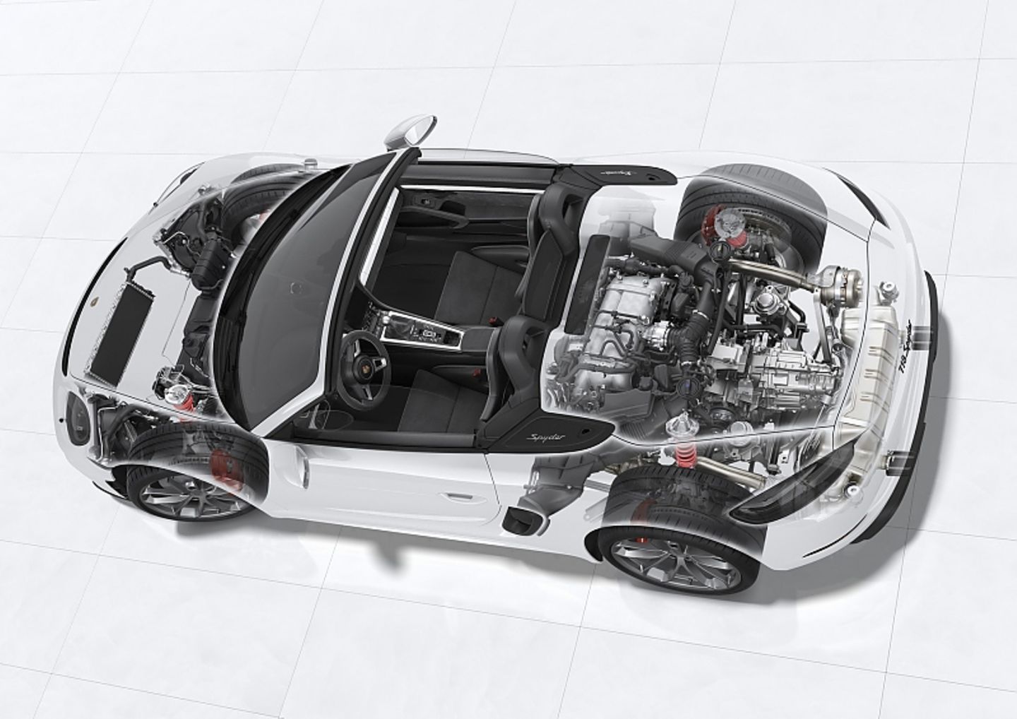 Der Röntgenblick zeigt das Mittelmotorkonzept des Porsche 718 Spyder
