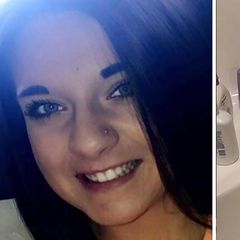 Die lächelnde Ashley Rose als sie noch ihre Haare hatte neben einem Foto der ausgefallenen Haare im Bad