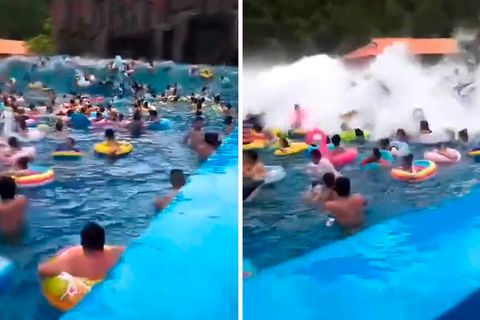 Badegäste werden in Wellenbad von Riesenwelle erfasst.