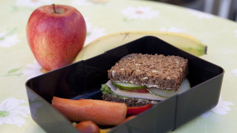Eine Brotdose mit belegtem Brot, Obst und Gemüse