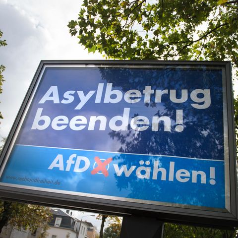 Ein AfD-Wahlplakat mit der Aufschrift "Asylbetrug beenden! AfD wählen!"