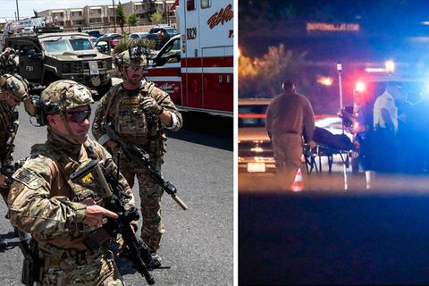 Links: Polizeikräfte in El Paso. Rechts: Ein Todesopfer der Schießerei in Dayton wird abtransportiert