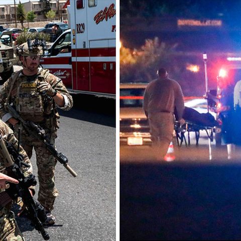Links: Polizeikräfte in El Paso. Rechts: Ein Todesopfer der Schießerei in Dayton wird abtransportiert