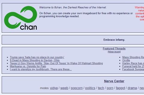 Die Startseite des umstrittenen Online-Forums "8chan"