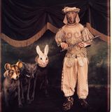 Ein Weimaraner in der Kleidung von Tamino aus der Oper "Die Zauberflöte"