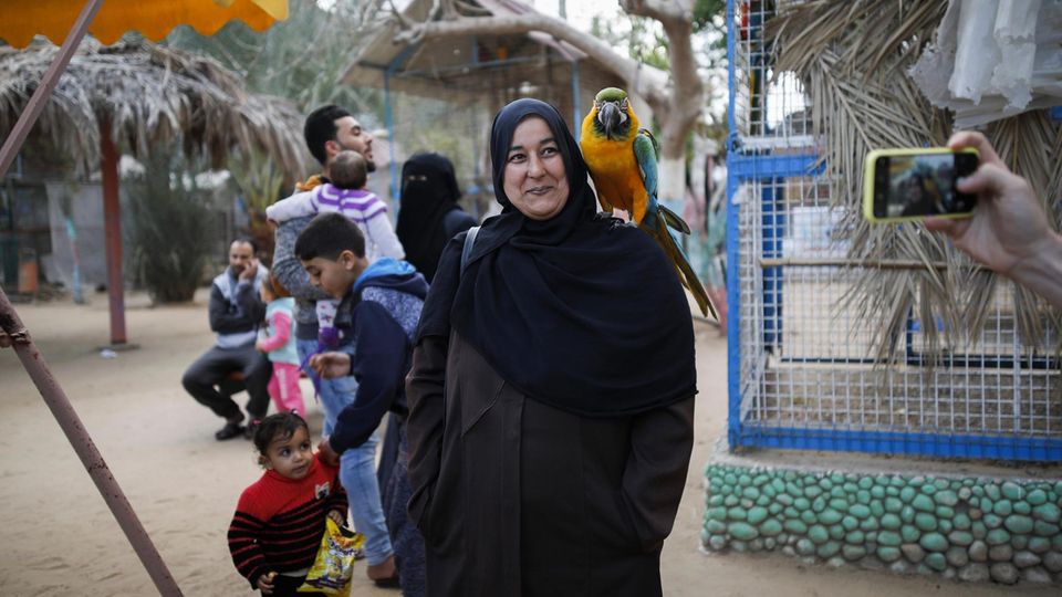 VOE STERN 32/2019 A woman has her photo take while a parrot sits on her shoulder at Rafah Zoo, Gaza, April 04, 2019. The team of the animal rescue organization 'Four Paws' rescued 47 animals from Rafah Zoo and relocated them to sanctuaries in ... Besucher des Zoos vor der Evakuierung. Der Park war eine der wenigen Attraktionen in Gaza: